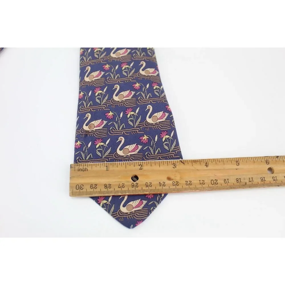 Hermès Swan Tie Mens Blue 100% Silk Made In France Novelty Animal Print